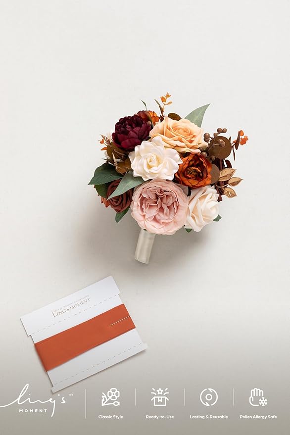 Ling's moment Terracotta Bridesmaid Bouquet Burnt Orange Wedding Bouquets for Bridesmaids 7 Inch Bridal Bouquets for Bridesmaids Rust Wedding Decor Ceremony Anniversary Homecoming