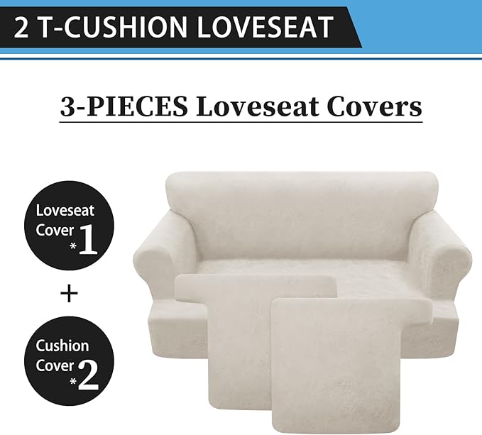 3-Pieces T Cushion Loveseat Slipcovers Leather Look Couch Cover Loveseat Covers for 2 Cushion Couch Furniture Protector Stretch Sofa Cover with 2 Individual T Cushion Seat Covers, Beige