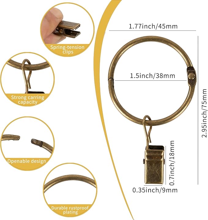 Openable Curtain Rings with Clips,1.5inch Inner Diameter,Heavy Duty Rustproof Metal Decorative Vintage Drapery Rings Curtain Clips Rod Hangers Door Curtain and Shower Curtain Rings Bronze Zocang