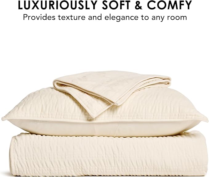 EVERGRACE Velvet Quilt Queen Size, Luxury Velvet Bedding Set, Ultra Soft Ruched Quilt Sets, Lightweight Comforter Vintage Textured Bedspread Coverlet with 2 Shams for All Season, Cream White