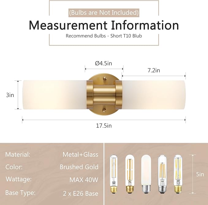 Brushed Gold Wall Sconces, 17.5 inch Modern Wall Sconces Lighting with Milk White Glass Shade, Gold Vanity Light Wall Lamp for Mirror Bathroom Kitchen Living Room