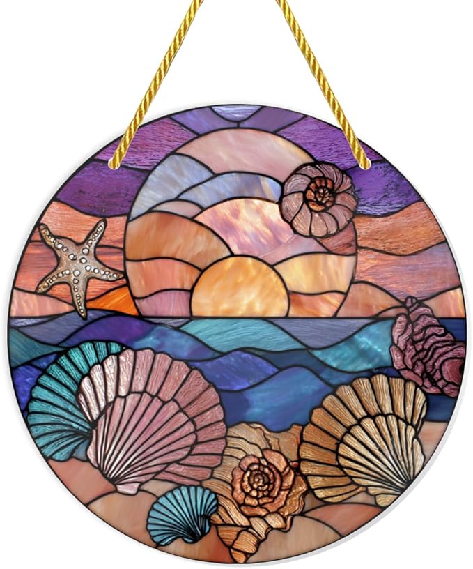 Coastal Seashells & Starfish at Sunset, 1PC Stained Glass Styles Acrylic Hanging Ornaments, 8×8inch Decorative Signs, Acrylic Suncatcher for Nautical Home Decor, Gifts, Garden, Wall Art