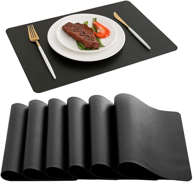 DOLOPL Placemats Set of 8, Black Wipeable Faux Leather Heat Resistant Place Mats for Kitchen Dining Room Table Decorations, Modern Waterproof Table Mats for Indoor & Outdoor Use
