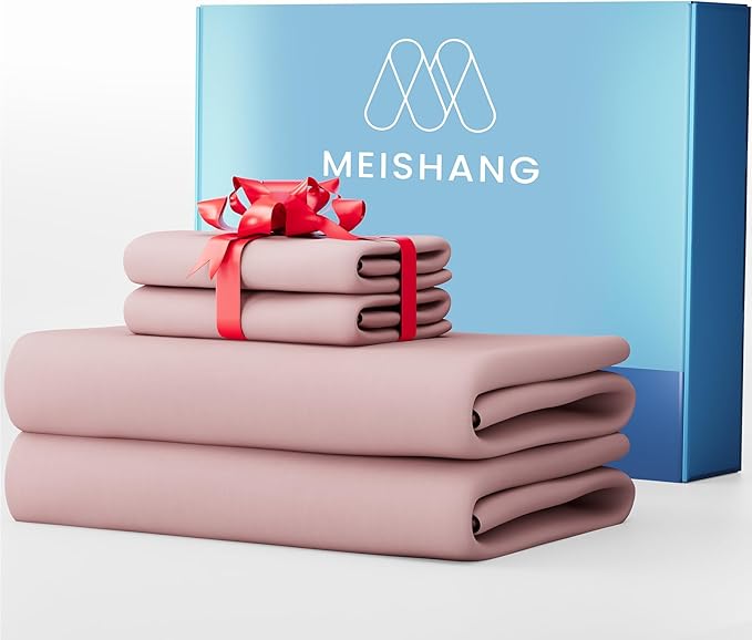 MEISHANG 1000 Thread Count Cotton Sheets King Size - 100% Egyptian Cotton, Sateen Weave, Soft & Breathable, Oeko-Tex Certified, 16" Deep Pockets - 4 Piece (King, Light Pink)