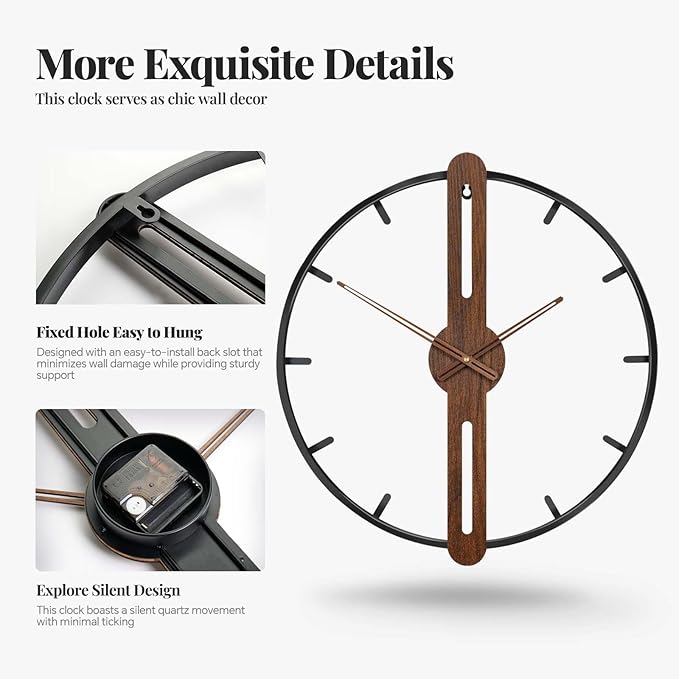 Modern Wall Clock for Living Room Decor, Silent Non Ticking Battery Operated Big Clock, Rustic Minimalist Wood Metal Frame Decorative Wall Clocks for Office, Bedroom, Kitchen, 20 Inch