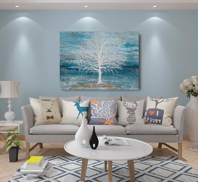 Yihui Arts Canvas Art Wall Decor, White Birch Trees Landscape Picture Painting, Modern Nature Teal Artwork Prints, Large Size Framed for Home Decor
