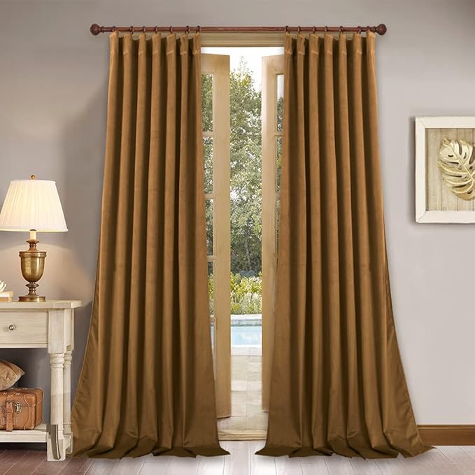 StangH 120 inches Extra Long Gold Brown Velvet Curtains for Living Room, Back Tab Wall Backdrop Curtains for Party, Thermal Insulated Room Dividers for Hall/Bedroom, W52 x L120, 2 Panels