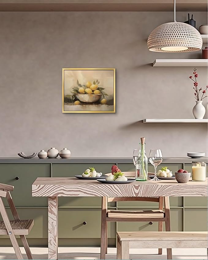 AIMAILON Vintage Gold Canvas Wall Art Framed Decor Classical Print Home Decoration for Kitchen Living Room Expressive Brushstrokes Yellow Lemon Lemon with Leaves Still Life Picture 8x10