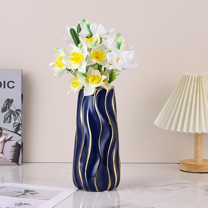9.5" Blue Ceramic Vase - Minimalist Blue and Gold Flower Vase, Blue Decor Large Pampas Grass Vase, Boho Decorative Centerpiece Vase for Home Decor, Table, Shelf, Mantel, and Entryway