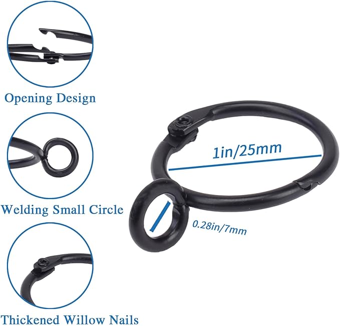 Openable Curtain Rings with Eyelet,24PCS Black Curtain Rings,Drapes Rings 1 in Interior Diameter,Hinge Snap-Joint Design, Fits Curtain Rods Up to 6/8 in Inches TXZWJZ