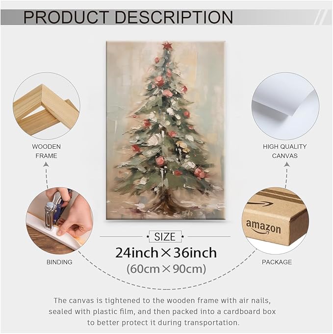 Winter Christmas Tree Wall Art Vintage Nature Botanical Pine Poster 24x36 inch Framed Forest Cottagecore Canvas Painting Prints for Living Room Office Wall Decor