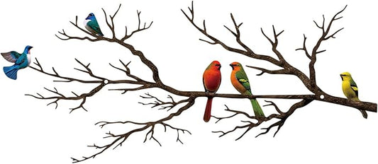 Metal Birds Wall Art, Metal Vivid Birds on Branch Silhouette Wall Decor Black Leaves with Bird Outdoor Hanging Wall Sculpture for Home Balcony Garden (Vintage Color, Small)