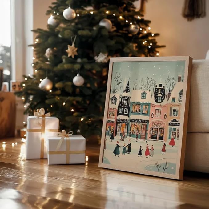 OZCONO Christmas Village Wall Art for Cozy Holiday Decor, Snowy Town Scene for Seasonal Home, Winter Village Artwork, Hello December Print, Xmas Design (Unframed) (12x18)