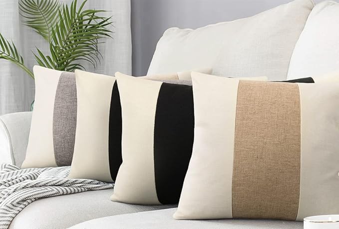 Pyonic Boho Farmhouse Throw Pillow Covers 18x18,Decorative Square Pillowcases Home Cushion Covers Case for Bed Couch Sofa,Tan Cream White and Grey,Set of 2