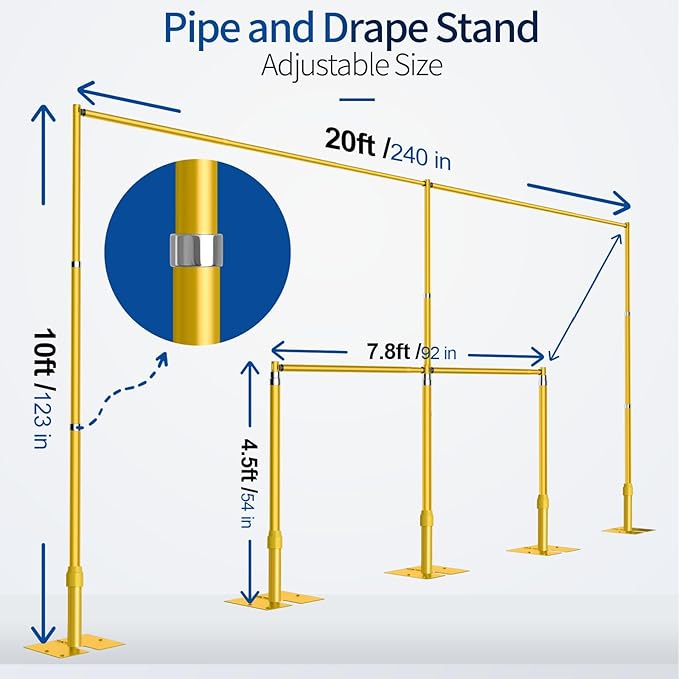 Pipe and Drape Backdrop Stand, 10x20ft Heavy Duty Adjustable Background Frame with Metal Base, Back Drop Holder for Parties Photography Wedding Photoshoot Decoration - Gold