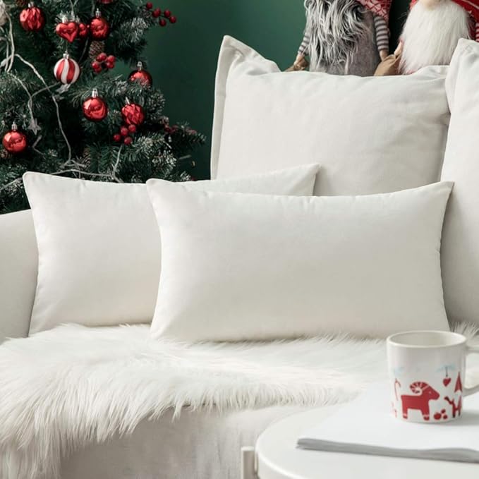 MIULEE Pack of 2 Velvet Soft Solid Decorative Square Throw Pillow Covers Set Christmas Cushion Case for Spring Couch Sofa Bedroom Car 12x20 Inch 30x50 cm Pure White