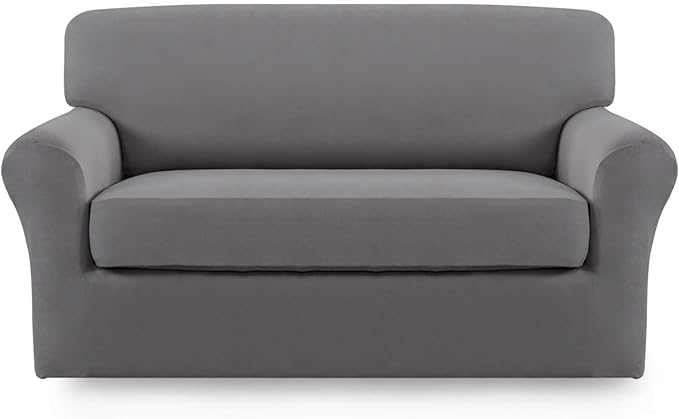 Easy-Going 2 Pieces Microfiber Stretch Sofa Slipcover – Spandex Soft Fitted Sofa Couch Cover, Washable Furniture Protector with Elastic Bottom Kids, Pet (Loveseat, Light Gray)