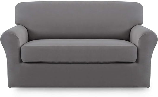 Easy-Going 2 Pieces Microfiber Stretch Sofa Slipcover – Spandex Soft Fitted Sofa Couch Cover, Washable Furniture Protector with Elastic Bottom Kids, Pet (Loveseat, Light Gray)