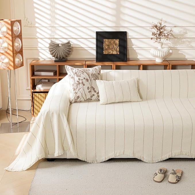 ROOMLIFE Boho White Couch Cover for Dogs, Washable Non Slip Furniture Protector Couch Sofa Covers for 3 Cushion Couch, Soft Chenille Couch Cover Throw Blanket with Tassels 71''X134''