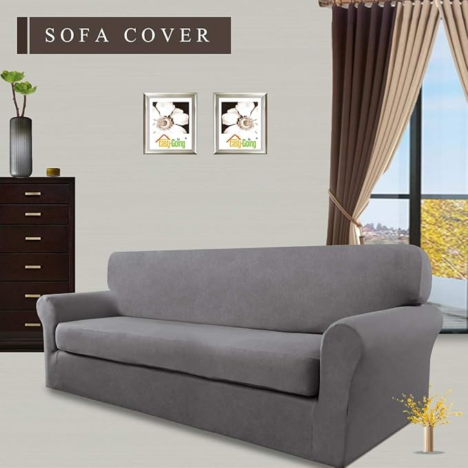 Easy-Going 2 Pieces Microfiber Stretch Sofa Slipcover – Spandex Soft Fitted Sofa Couch Cover, Washable Furniture Protector with Elastic Bottom Kids,Pet (Oversized Sofa, Light Gray)