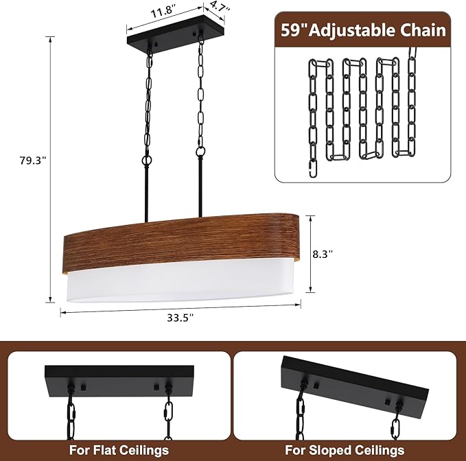 33.5'' Dining Room Chandelier Over Table, 4-Light Farmhouse Kitchen Island Lighting, 2-Tier Large Linear Chandelier with Faux Wood Texture and White Fabric for Dining Room Kitchen Island