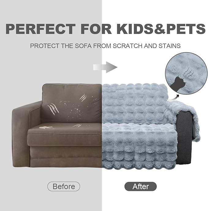 Plush and Fuzzy Shaggy Couch Cover, Dog Pad Faux Fur Sofa Cover, Water Resistant Slipcover, Non-Slip Furniture Protector for Kids,Dogs,Cats.(Light Gray-Bubble, Small Recliner)