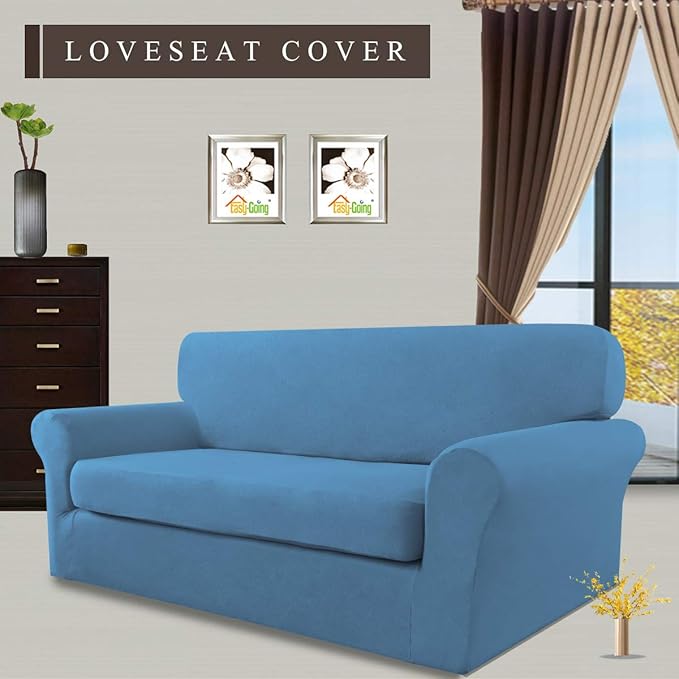Easy-Going 2 Pieces Microfiber Stretch Sofa Slipcover – Spandex Soft Fitted Sofa Couch Cover, Washable Furniture Protector with Elastic Bottom Kids, Pet (Loveseat, Light Blue)