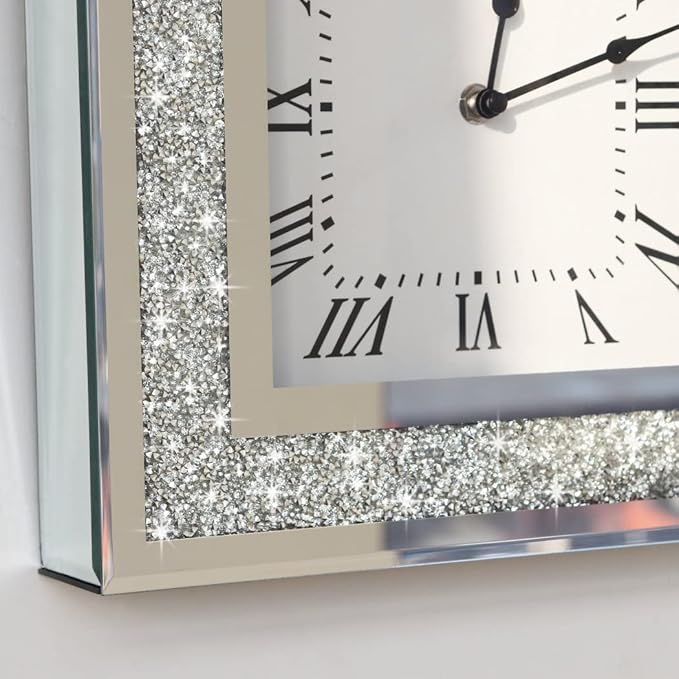 DMDFIRST Crystal Crush Diamond Mirrored Square Wall Clock with Sparkle Twinkle Bling Decor for Decoration, 16x16 inch Decorative Silver Mirror Quartz Home Decor. AA Battery not Included