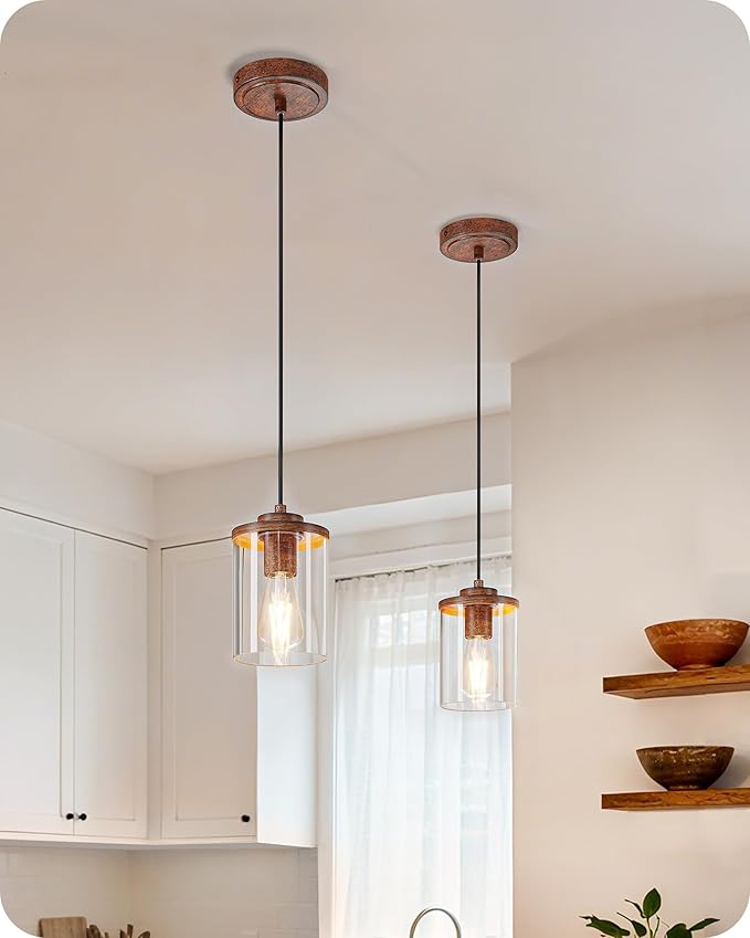 EDISHINE Modern Pendant Lights Kitchen Island, Clear Glass Shade, Farmhouse Adjustable Hanging Light with Wooden Grain Finish, E26 Base, Hardwired, for Dining, Sink, Bathroom, Hallway, Walnut, 2 Pack