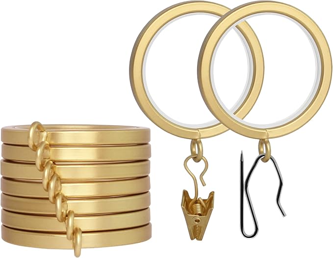 BlastHome® Luxury Curtain Rings - Premium Metal with Quiet, Smooth Nylon Inserts - Pinhooks and Clips Included - 1 1/2" Inside Diameter - 9 Rings for One Standard Curtain - Brushed Gold