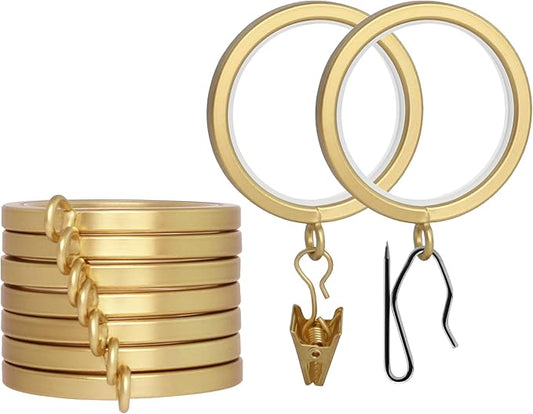 BlastHome® Luxury Curtain Rings - Premium Metal with Quiet, Smooth Nylon Inserts - Pinhooks and Clips Included - 1 1/2" Inside Diameter - 9 Rings for One Standard Curtain - Brushed Gold
