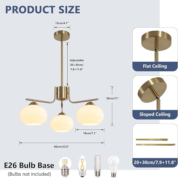 KCO Lighting Mid Century Modern Globe Pendant Light 3-Light Milk Glass Chandelier Gold Sputnik Chandelier Light Fixture Brushed Brass Pendant Lighting for Kitchen Island (3-Light)