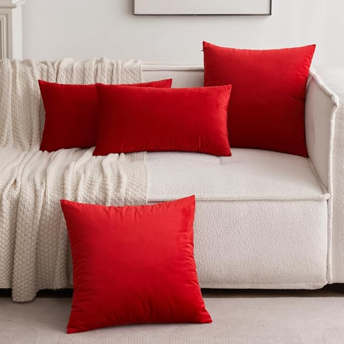 MIULEE 26x26 Inch Euro Sham Velvet Pillow Covers, Set of 2 Large Square Christmas Decorative Pillows -Bright Red Super Soft for King Bed, Sofa, Couch, Accent Chairs