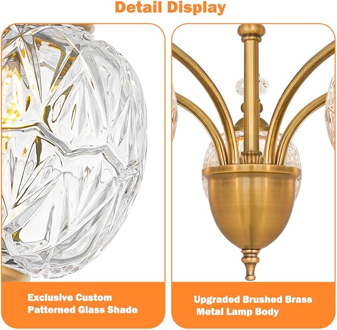 Vintage Brass Chandelier - Adjustable Height Dining Room Light Fixture with Handcrafted Blown Glass - 5-Light E26 Base, Ideal for Kitchen, Entryway, Bedroom, Enhances Luxury Home Decor for Discerning