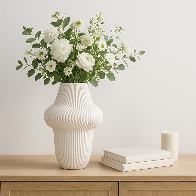 Texture Ceramic Vase for House Decor - 3D Printed Design, Perfect as a Flower Vase for Bedroom, Table, and Office Display - Modern Sculpted Home Accent for Room and Living Room Decor Ivory (14 Inch)