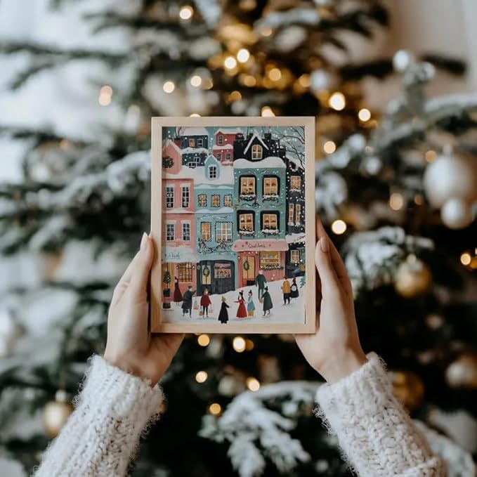 OZCONO Pastel Winter Town Wall Art for Christmas Decoration, Whimsical Snowy Village Scene for Seasonal Display, Retro Holiday Street Artwork, Cozy Xmas Home Accent, Noel Print (Unframed) (12x18)
