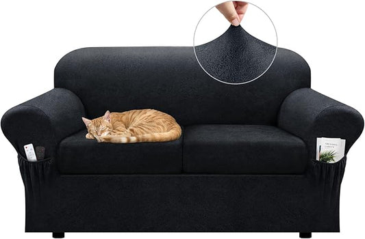 Loveseat Slipcover with Armrest Pockets 3-Piece Set, Stretch Faux Leather Love Seat Covers for 2-Cushion Couches(Fits 58-66") - Non-Slip, Machine Washable, Pet & Kid Friendly - Dark Gray