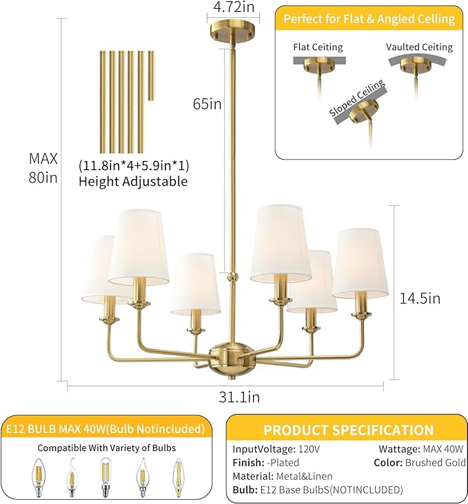 6-Light Brushed Gold Pendant Chandelier with White Linen Shades, E12 Base - Farmhouse & Industrial Style for Kitchen, Living Room, Dining Room, or Bedroom Lighting