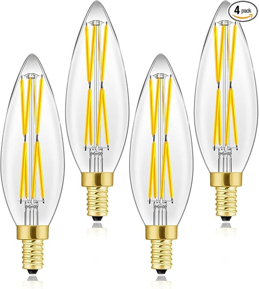 E12 Edison 8W LED Bulb, 100 watt Equivalent Candelabra Dimmable Chandelier Light Bulbs 3000K Soft White Clear 850lm E12 Vintage LED Filament Vintage Candle Bulb with Decorative,4-Pack. (3000k)