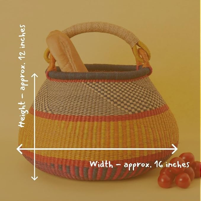 Home & Kitchen Decor, Wicker Basket, Picnic Basket, Living Room Basket, Organizing, Harvesting, Foraging, Fruit Storage, Hand Woven, Pot Shape, 16" Wide, Boho - Red Blue