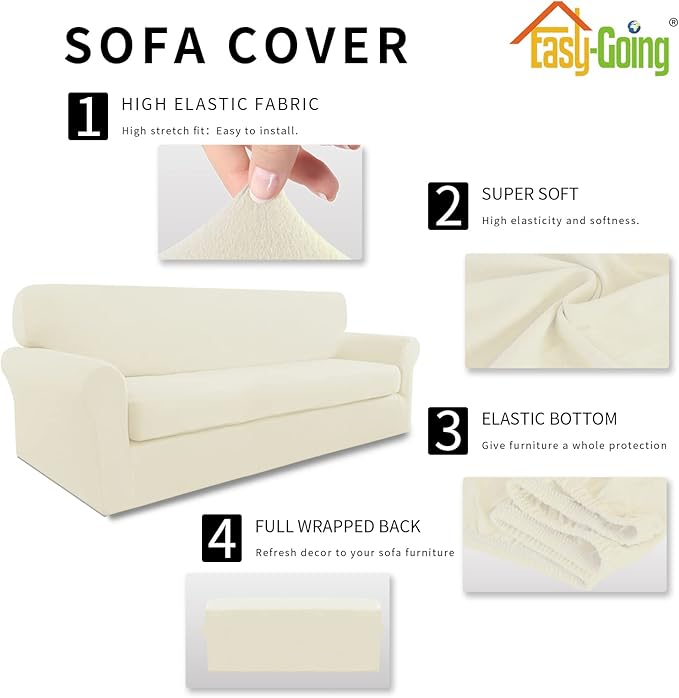 Easy-Going Stretch Sofa Slipcover, 2-Piece Sofa Cover Furniture Protector Couch Microfiber Super Soft Sturdy with Elastic Bottom Pets, Kids, Children (Oversized Sofa, Ivory)