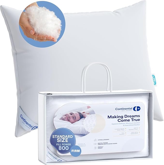 100% Siberian Goose Down Pillow - Firm Support Standard Size, Pack of 1 - Luxurious Siberian Down Pillow for Side Sleepers, 800 FP, Fine Cotton Shell - High Loft & Firm Comfort