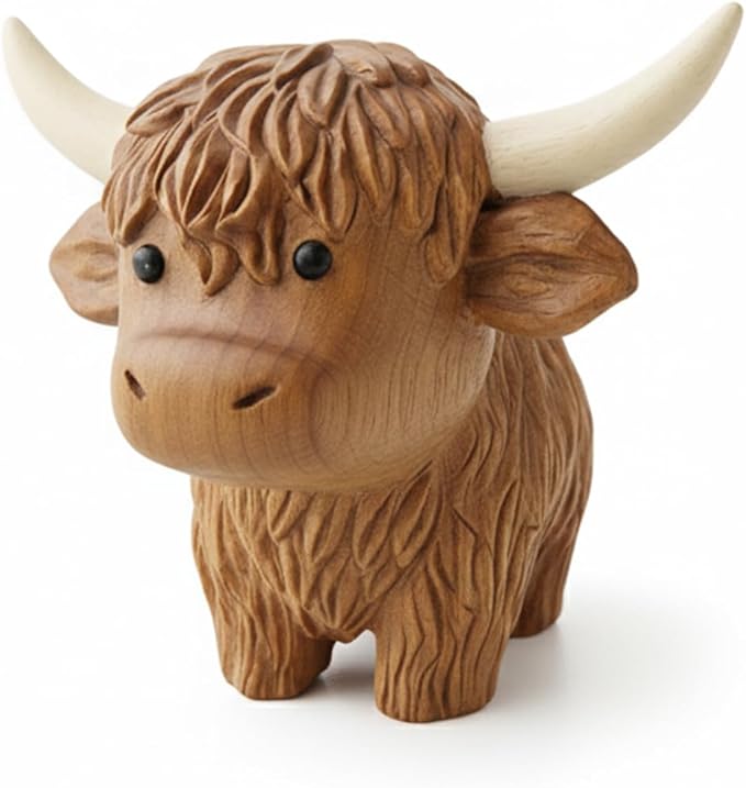 Hand Carved Wooden Highland Cow Figurine - Handmade Rustic Farmhouse Animal Decor, Solid Wood Miniature Sculpture, 3.5" Artisan Wooden Gift for Desk, Shelf, or Nursery