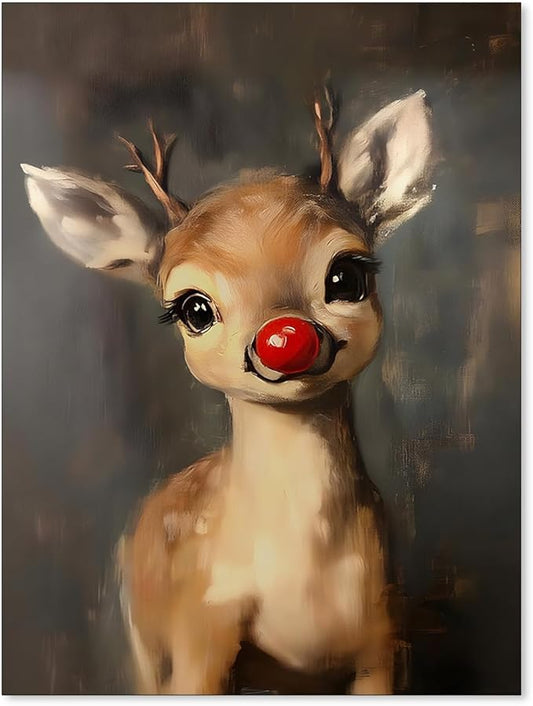Christmas Reindeer Wall Art Winter Cute Whimsical Animal Canvas Poster Vintage Red Nose Deer Painting Prints for Rustic Living Room Bedroom Wall Decor 08x10 inch Unframed
