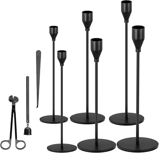 Black Taper Candle Holders Set of 9, Candlestick Holders, Candle Holders with 3 in 1 Candle Accessory Set, Metal Candle Stand for Mantle Table Centerpiece, Weddings, Dining, Housewarming