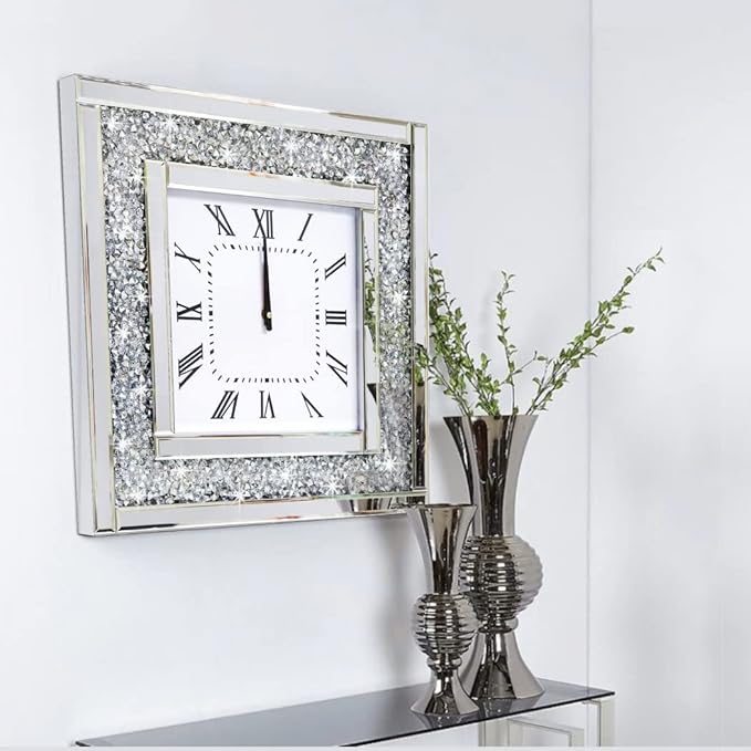 DMDFIRST Silver Square Mirror Clock 20x20inches Crystal Sparkle Twinkle Bling Crushed Diamond Mirrored Large Wall Clock for Wall Decoration Silver Glass Mirror Home Décor. AA Battery is not Included.
