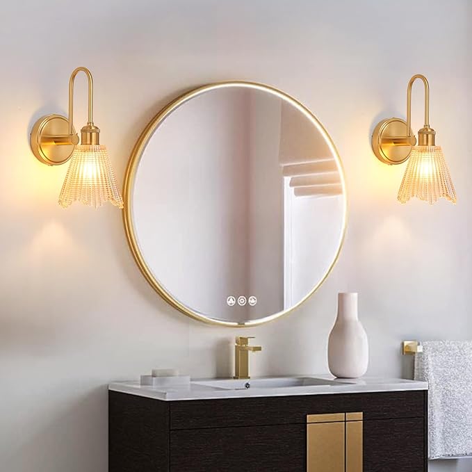 Wall Sconce Set of 2, Gold Vintage Light Fixtures with Long Amber Glass Lampshade, Hardwired Sconces Wall Lighting for Bedroom, Bathroom, Living Room | Includes 2 LED Bulbs