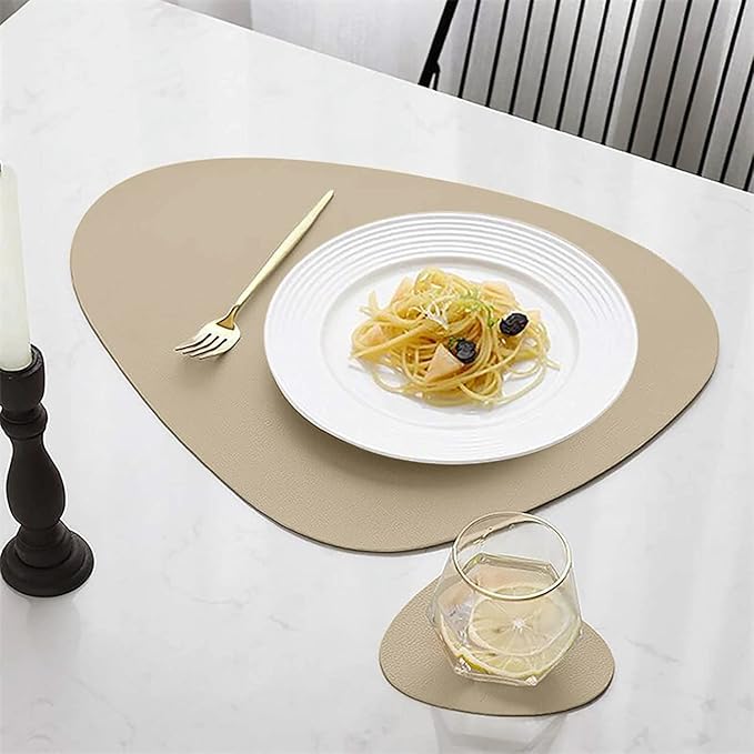 Faux Leather Placemats Set of 2 and Coasters, Heat Resistant Placemats for Dining Table, Waterproof Wipeable Washable Dinner Table Mats, Easy to Clean Kitchen Place Mats Romantic Golden