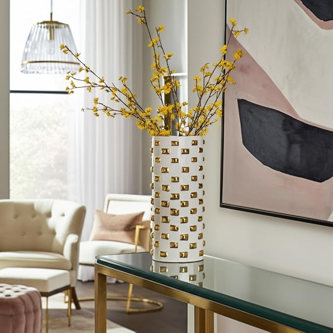 Modern Glam Stoneware Vase with Geometric Accents – Decorative Ceramic Flower Holder – Elegant Home Decor Accent for Living Room, Bedroom, Dining Room, or Office – 11", White and Gold