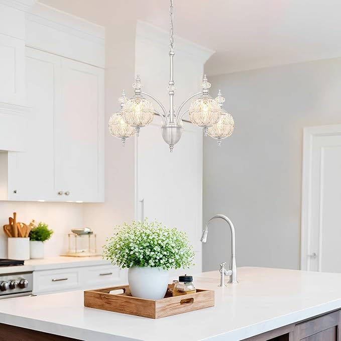 Vintage Brushed Nickel Chandelier - Adjustable Height Dining Room Light Fixture with Handcrafted Blown Glass - 5-Light E26 Base, Ideal for Kitchen, Entryway, Enhances Luxury Home Decor for Discerning
